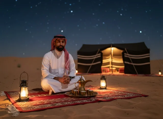 رجل سعودي يعزف العود مع خيل عربي في الصحراء