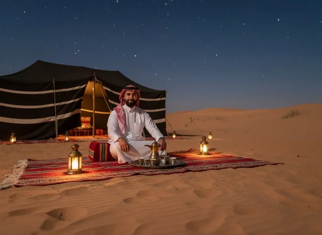 Saudi Man in Traditional Dress Desert Camping at Night
