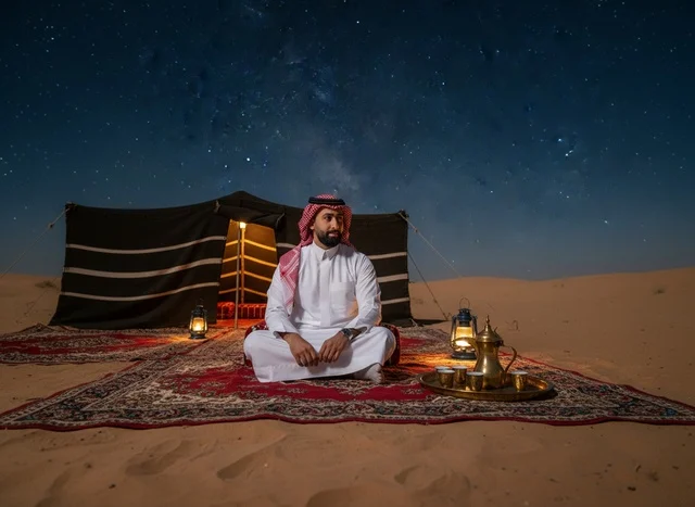 Saudi Man in Traditional Dress at Desert Camp Night