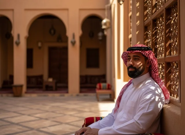 Saudi Man in Traditional Thobe in Heritage Courtyard