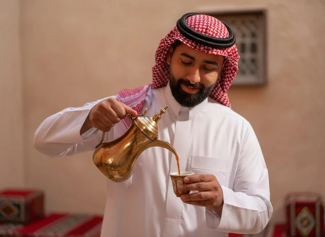 رجل سعودي يصب القهوة العربية من الدلة