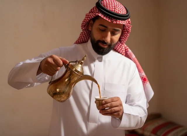 رجل سعودي يصب القهوة العربية من دلة ذهبية