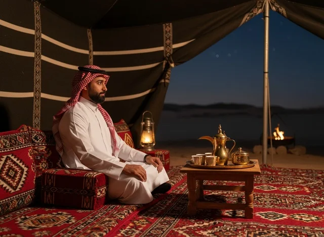 رجل سعودي في خيمة تقليدية مع القهوة العربية