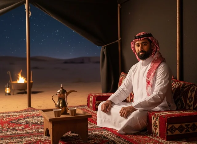 رجل سعودي بالزي التقليدي في خيمة صحراوية ليلاً