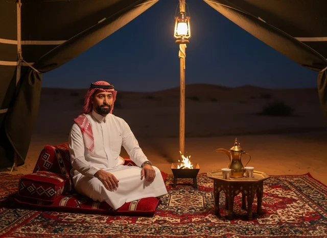 رجل سعودي بالزي التقليدي داخل خيمة صحراوية ليلاً