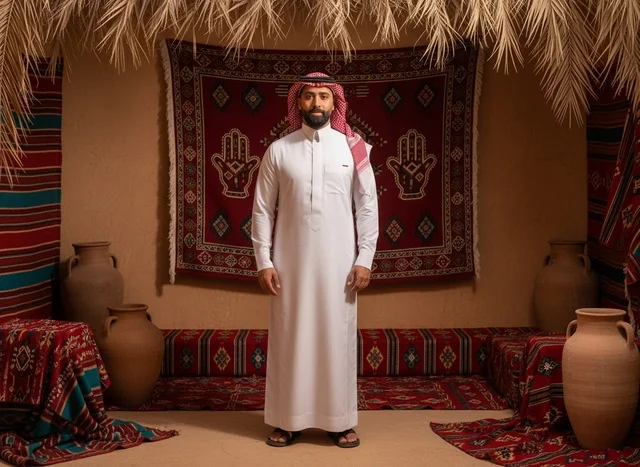 رجل سعودي في منزل تراثي تقليدي من الداخل