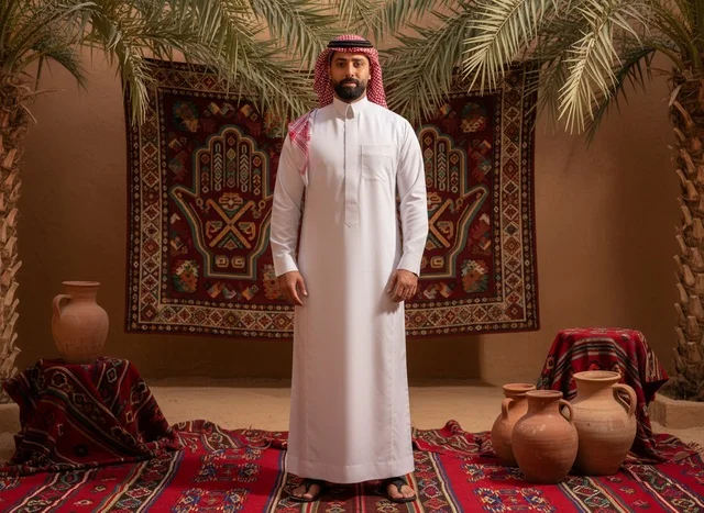 رجل سعودي بالثوب التقليدي في خلفية تراثية