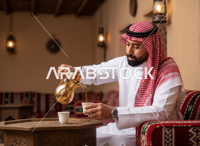 رجل سعودي يصب القهوة العربية في مجلس تراثي