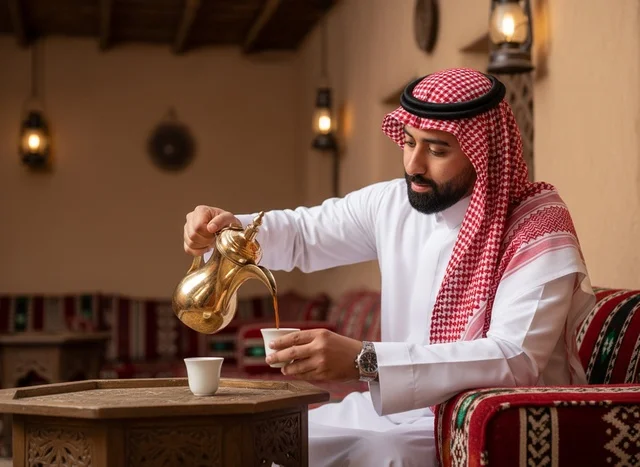 Saudi Man Pouring Arabic Coffee in Traditional Majlis