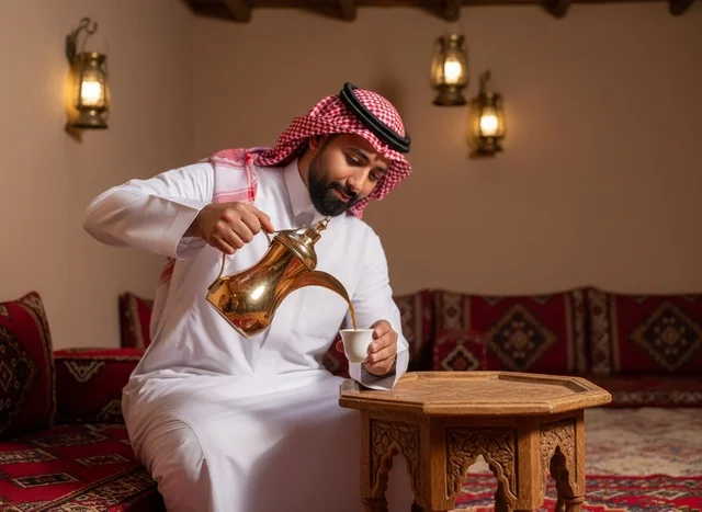 رجل سعودي بالزي التقليدي يسكب القهوة العربية في مجلس تراثي