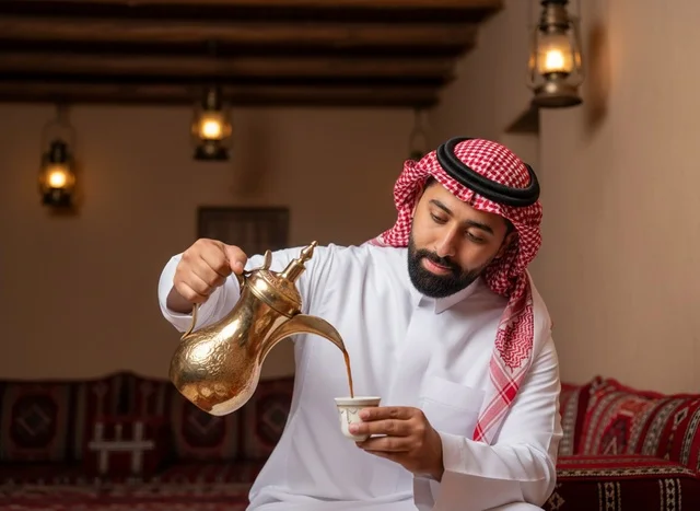 Saudi Man Pouring Arabic Coffee from Golden Dallah
