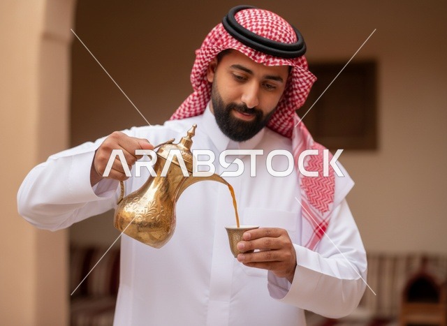 رجل سعودي يسكب القهوة العربية من دلة ذهبية