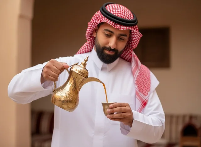 Saudi Man Pouring Arabic Coffee from Golden Dallah