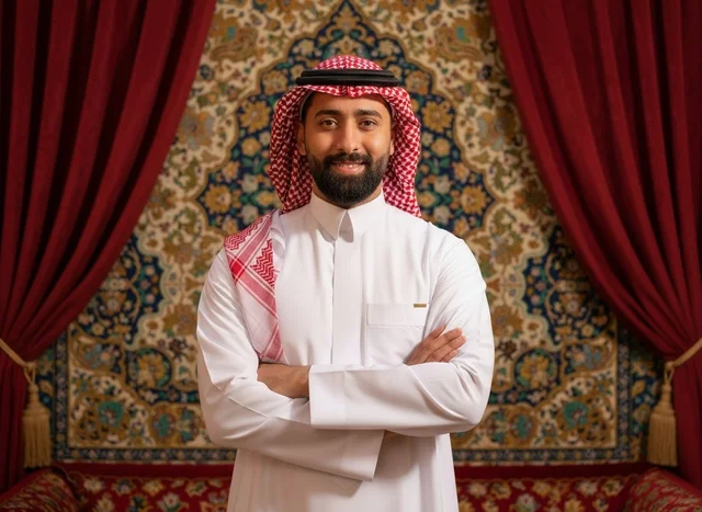 Saudi Man in Traditional Thobe and Red Shemagh