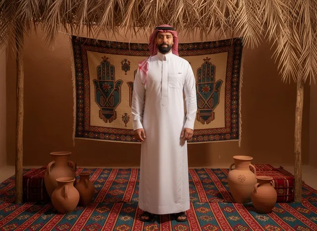رجل سعودي في غرفة تراثية مع جرار فخارية