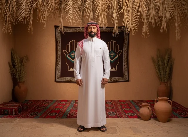 رجل سعودي بالثوب التقليدي داخل بيت طيني