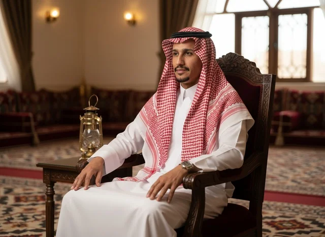رجل سعودي بالزي التقليدي داخل مجلس كلاسيكي