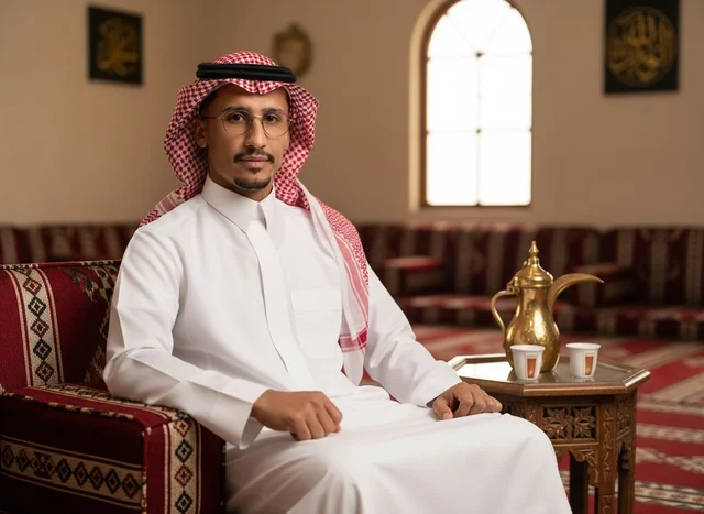 رجل سعودي بالزي التقليدي في مجلس مع دلة قهوة