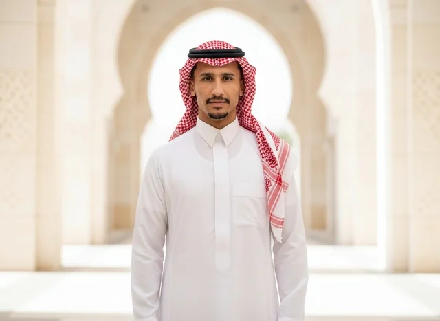 رجل سعودي بالزي التقليدي أمام أقواس معمارية
