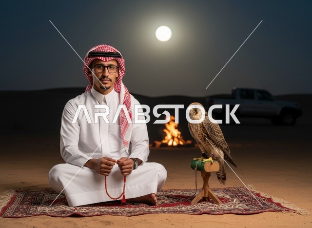 رجل سعودي مع صقر في الصحراء ليلاً