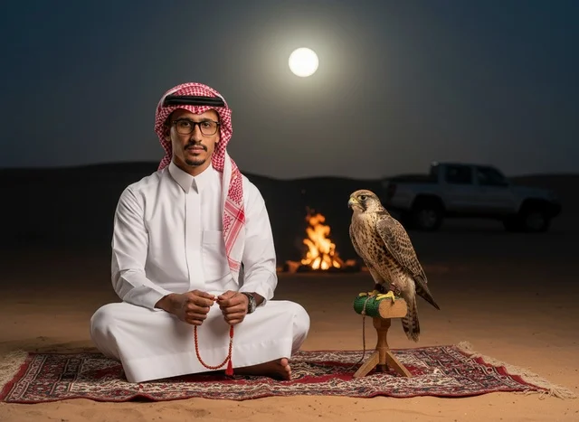 Saudi Man with Falcon in Desert at Night