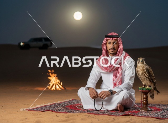 رجل سعودي مع صقر في الصحراء ليلاً في مخيم تراثي
