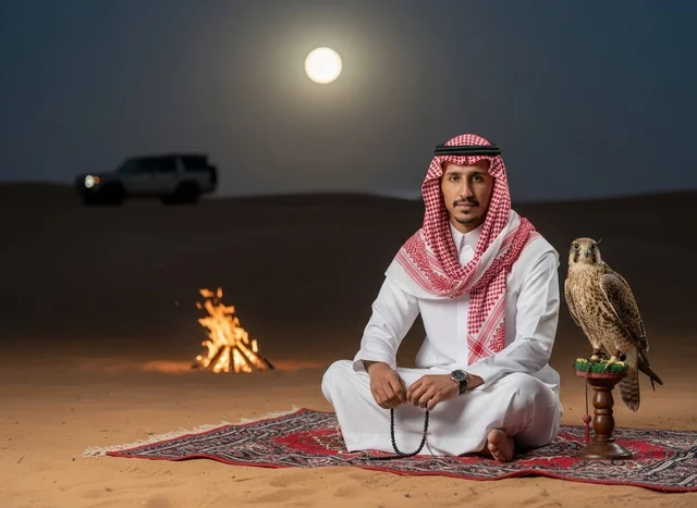 رجل سعودي مع صقر في الصحراء ليلاً في مخيم تراثي