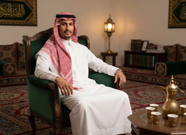 رجل سعودي في مجلس تراثي مع قهوة عربية