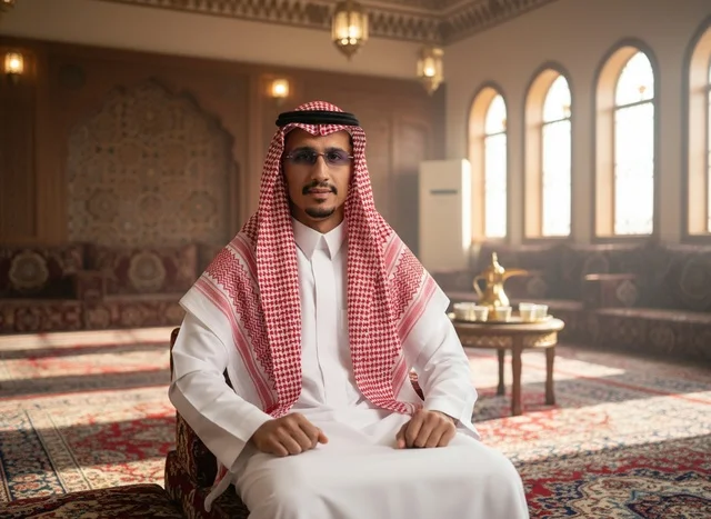 رجل سعودي بالثوب والشماغ الأحمر في مجلس تراثي