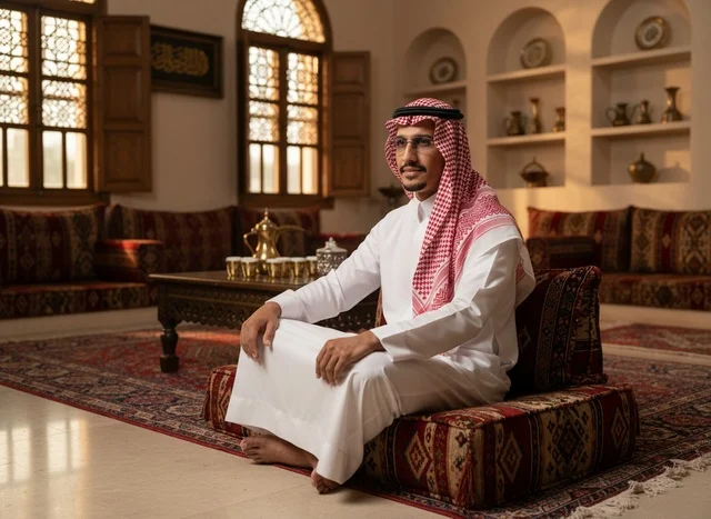 رجل سعودي بالزي التقليدي في مجلس تراثي