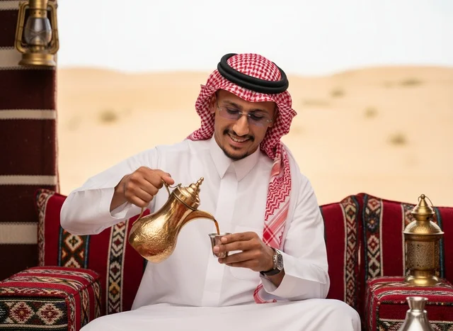 رجل سعودي يصب القهوة العربية في مخيم صحراوي