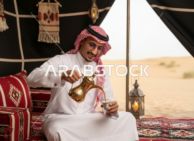 رجل سعودي يصب القهوة العربية في خيمة بدوية