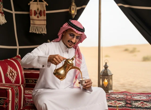 رجل سعودي يصب القهوة العربية في خيمة بدوية