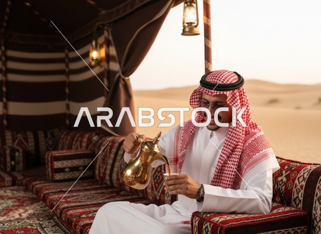 رجل سعودي يصب القهوة العربية في خيمة صحراوية