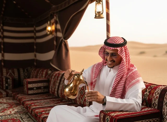 رجل سعودي يصب القهوة العربية في خيمة صحراوية