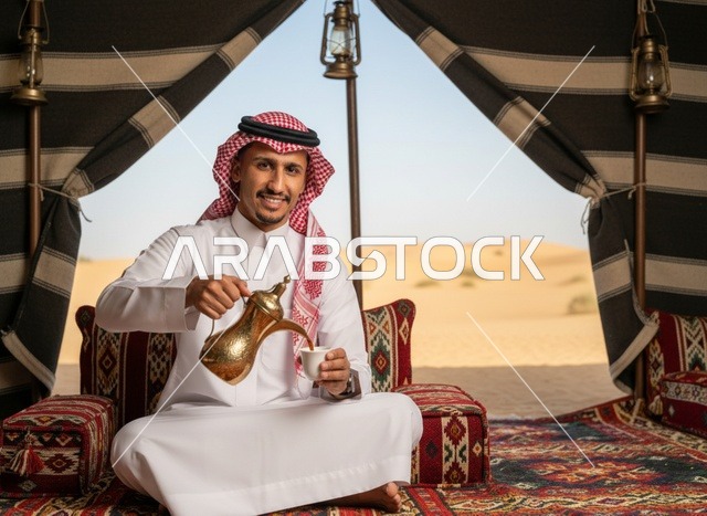 رجل سعودي يصب القهوة العربية في خيمة بالصحراء