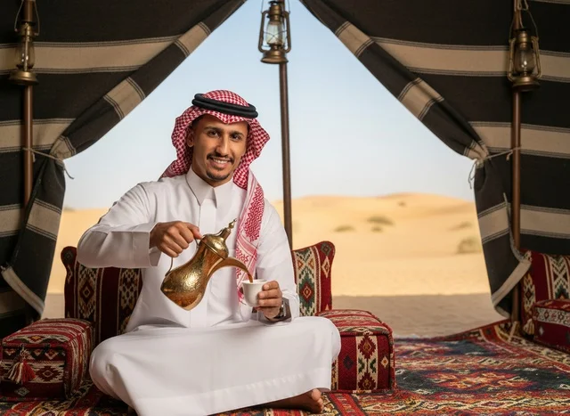 Saudi Man Pouring Arabic Coffee in Desert Tent