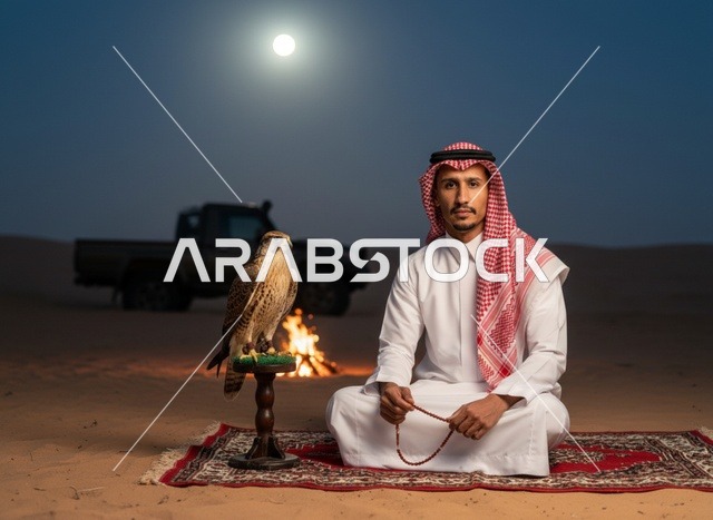 رجل سعودي مع صقر وشبة نار في الصحراء ليلاً