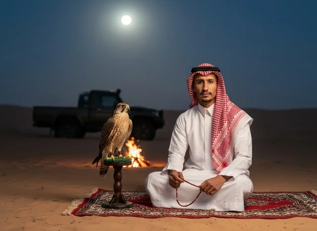 Saudi Man with Falcon and Campfire in Desert at Night