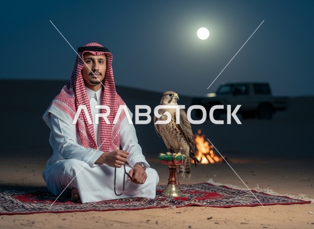 رجل سعودي مع صقر في الصحراء ليلاً
