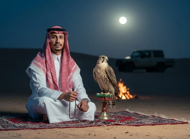 Saudi Man with Falcon in Desert at Night