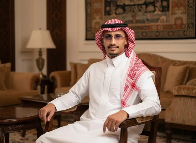 رجل سعودي بالزي التقليدي والشماغ يجلس في مجلس داخلي