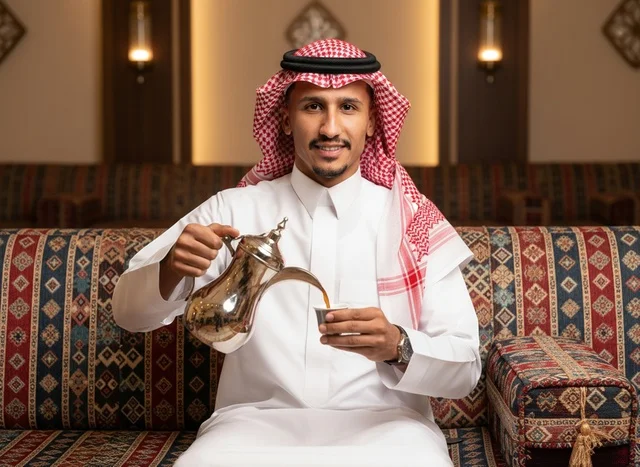 Saudi Man Pouring Arabic Coffee in Traditional Majlis
