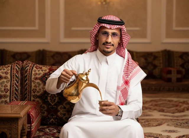 Saudi Man in Traditional Thobe Pouring Arabic Coffee