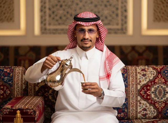 رجل سعودي يصب القهوة العربية في مجلس تقليدي