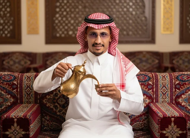 رجل سعودي يصب القهوة العربية في مجلس تقليدي