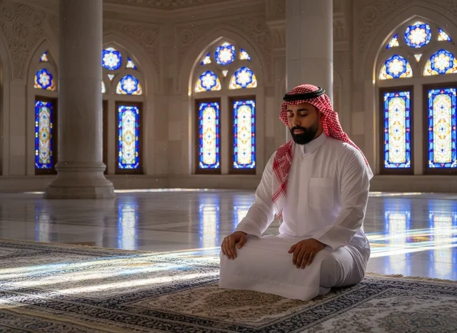 رجل سعودي بالثوب التقليدي يصلي في المسجد