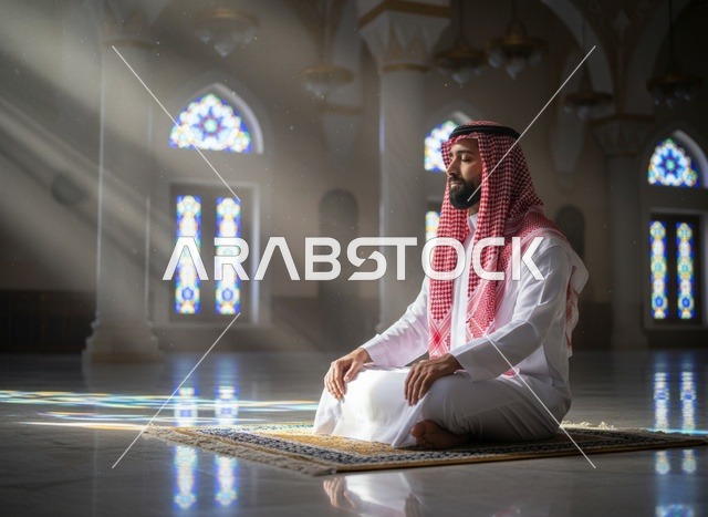 رجل سعودي يصلي في المسجد مع أشعة الشمس