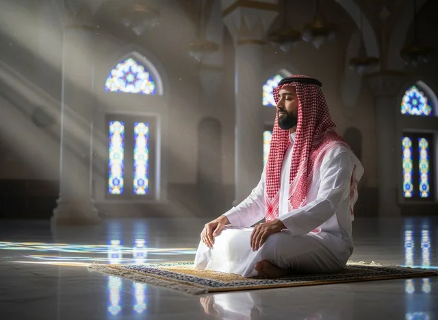 Saudi Man Praying in Mosque with Natural Sunlight