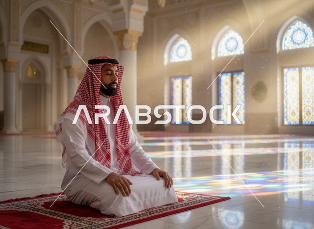 رجل سعودي يصلي داخل المسجد تحت ضوء الشمس